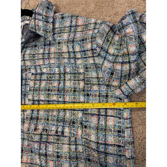 mnml Raw Edge Flannel Shirt Jacket Blue White Plaid Tweed Frayed Hem Men's L - Picture 7 of 8